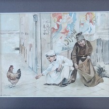 Ancienne Aquarelle Enfants et