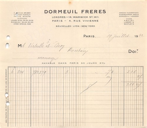 Facture 1927 dormeuil freres - ,