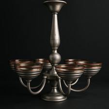 Lustre vintage à six feux – métal patiné et coupelles en verre nervuré ambré