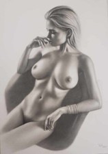 tableau  original AKT A3 Erotik Art oeuvre réalisme huile pinceau sec femme nue