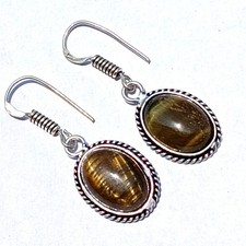 Vente boucle d'oreille pendant goutte pierre précieuse oeil de tigre en argen...