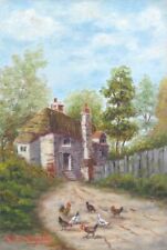 Vintage French Oil Painting, Thatched Roof Farm House, Chickens, Rooster, Signed