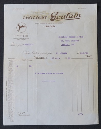 Facture blois 1950 chocolat - blois,
