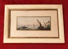 Aquarelle, croquis ancien: Marine - Bord de mer avec pêcheurs et voiliers 