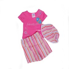 Ensemble short été bébé fille, haut cerise, short rayé et chapeau 0/3 3/6 6/9 mois