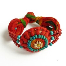BRACELET tissu coton femme fille ethnique rouge bleu bois 15 à 16 cm