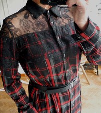 Robe longue assymétrique  DESIGUAL 40 écossaisse noir gris rouge dentelle noire