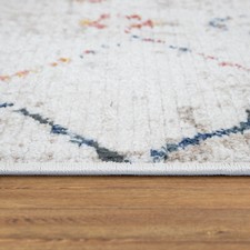 Tapis Salon Vintage Poils Ras Boho Motif Diamant Moderne Blanc Cassé Bleu Rouge