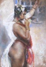 Dessin pastel tableau orientaliste danseuse femme noire Tunis Tunisie Pál FRIED