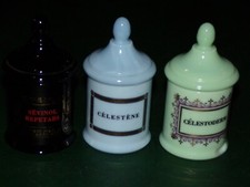3 pots pharmacie opaline  bleue vert noir Célestène célestoderm sevinol repetabs