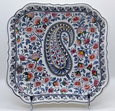 ANCIEN PETIT PLAT CARRÉ CREUX FAÏENCE GIEN DÉCOR CACHEMIRE PLUME PAON CERAMIC 2