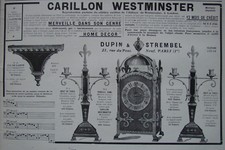  PUBLICITÉ PRESSE 1911 CARILLON WESTMINSTER CUL DE LAMPE PENDULE DUPIN STREMBEL