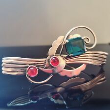 Grande Broche Arts & Crafts Vermeil Sterling Cabochons Verre Émeraude Rubis...