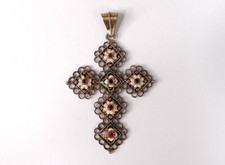 Croix bressane pendentif argent vermeil émaux pierres bijou XIXème siècle