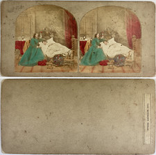 Enfant endormi dans son lit, Vintage albumen print, ca.1880, stéréo Tirage vinta