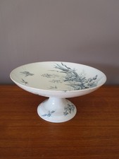 COMPOTIER / COUPE SUR PIED  DE LUNÉVILLE DECOR FLORAL INSECTES BLEU/ VERT