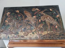  H . Blanchard , tableau peint sur bois décor relief japonisant oiseaux XIX ème 