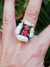 BAGUE EN ARGENT ancienne  nacre et corail de créateur poinçon 925 Silver Ring