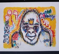 Tableau peinture dessin gorille blanc Planète singe 21x28cm/feuille signé S. Dez