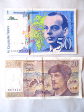 Billets 50 francs 1992 Saint Exupéry faute d'orthographe, 20 francs Debussy 1993