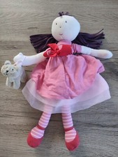 Doudou Poupée chiffon Bertille robe rose rouge rayé 32 cm JACADI et son chat !