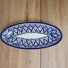 Plat ovale artisanal motif bleu RGM - Décoration vintage à motifs graphiques