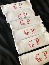 Set 6 HUGE Antique French Damask Napkins Red Thread Stitched Mono GP c1900s