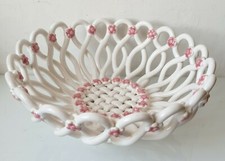 ancienne coupe à fruits tressée faience blanche rose céramique style massier