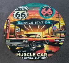 Plaque métal vintage Route 66 station service 20x20 ronde Neuve