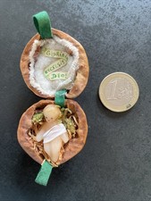 Ancien Petit Jesus en cire dans coquille de noix Travail de couvent Bébé enfant