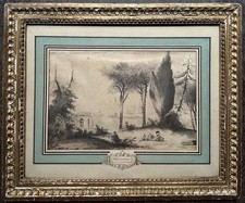 Dessin Ancien 18ème Paysage Animé Scène Galante Cadre Cartouche « H. FRAGONARD »