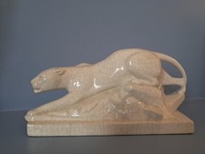 SUPERBE Céramique faïence craquelée école française - Panthère à l'affut - signé