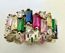 BAGUE ARGENT MASSIF 925 SERTIE DE PIERRES FINES TUTTI FRUTTI SCANDINAVE VINTAGE