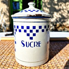 Ancien pot à épices en tôle emaillée Sucre décor Lustucru