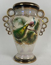 Ancien XXème grand vase H.Bequet Quaregnon décor paon, dorure, floral