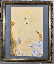Gouache Art Déco représentant une jeune femme à la toilette signée et datée 1930