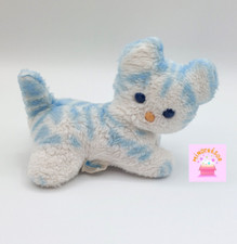 Ancien doudou peluche chat blanc bleu PASTEL grelot 18 cm Vintage yeux bleus