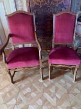 Lot de 4 chaises et 2 fauteuils Style Louis XIV en noyer-velours rouge et écru