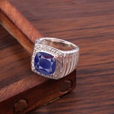 Chauffé Bleu Saphir Pierre Précieuse Avec 14K or Blanc Plaqué Argent Homme Ring