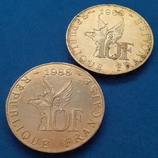 2 pièces de 10 francs commémoratives ROLAND GARROS 1988 qualité TTB nettoyées