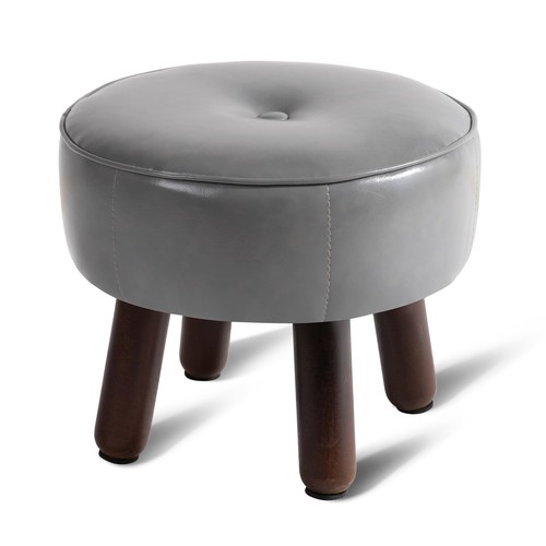 Grey round leather pouf - leather,