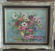 Huile sur Isorel nature morte " Bouquet de fleurs anémones"  Signée Louis ANDREY