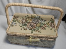 ANCIENNE TRAVAILLEUSE BOITE COUTURE PANIER EN TISSU TAPISSERIE CORDE  ANNEE 60