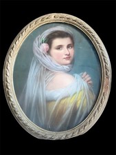 Tableau Ancien Portrait De Femme Au Voile Pastel Sur Carton École Française