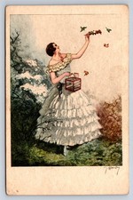 Postcard Woman Releasing Birds