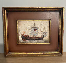 Petit Tableau Peinture Sur Bois Effet Craquelé Bateau Viking Signé De La María