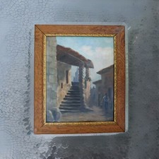 N ROUX (XXème) huile sur carton "Porteur d'eau dans un vieux village" joli cadre
