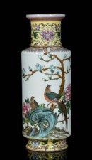 9,8" Qing marqué émail couleur porcelaine fleur oiseau bouteille de vase