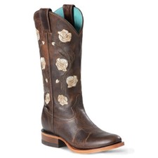 Bottes Western En Cuir Étoiles Et Rayures Marron À Bout Rond