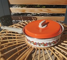 Ancienne poêle sauteuse émaillée motifs fleurs vintage années 70's